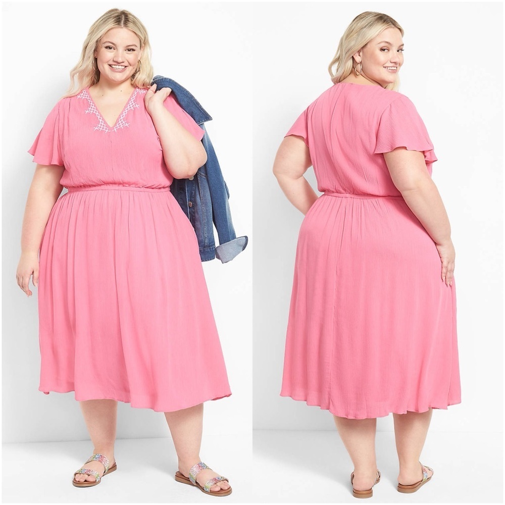 LANE BRYANT Flutter Sleeve V-Neck Embroidered Midi Dress In Pink